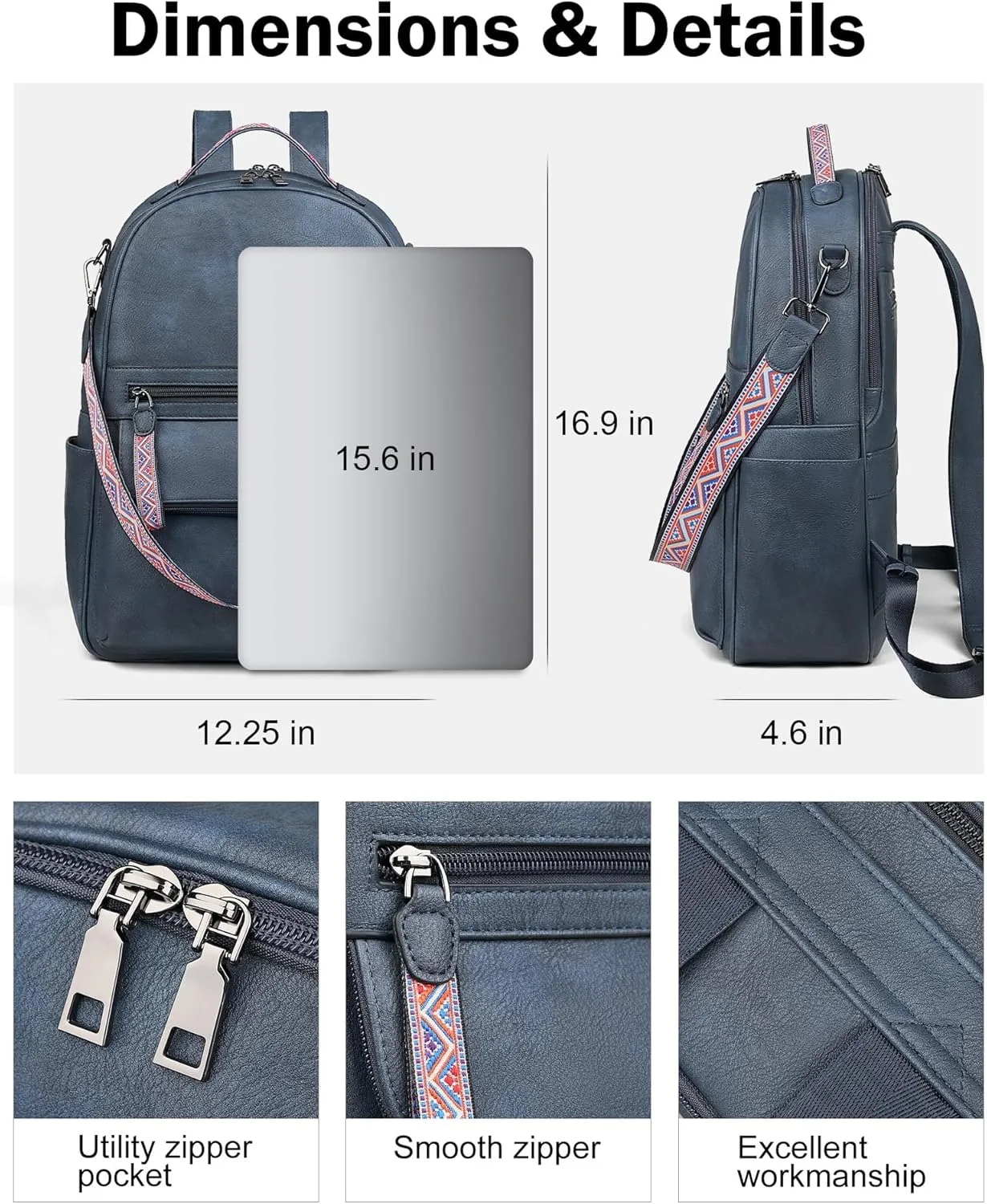 FADEON 15.6 inch Leather Laptop Backpack Purse for Women, Designer Travel PU Backpack with Laptop Compartment for Work Blue