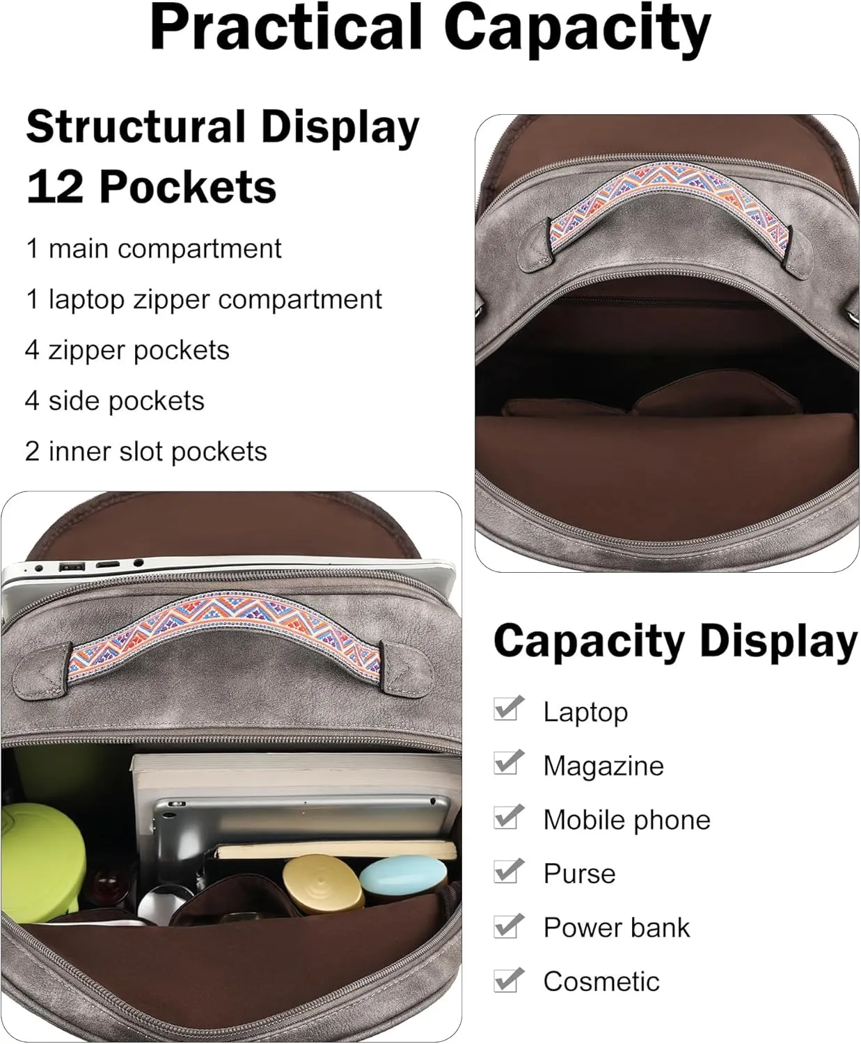 FADEON Leather Laptop Backpack Purse for Women, Designer Travel PU Backpack with Laptop Compartment for Work Grey