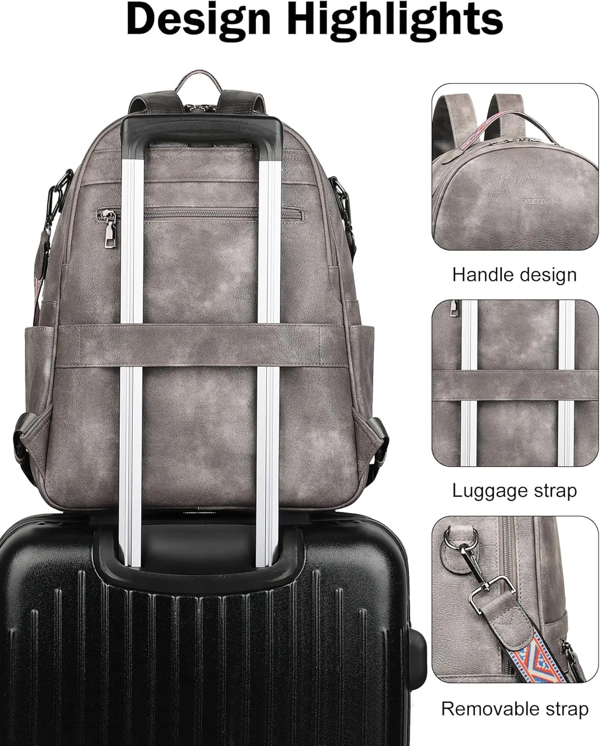 FADEON Leather Laptop Backpack Purse for Women, Designer Travel PU Backpack with Laptop Compartment for Work Grey