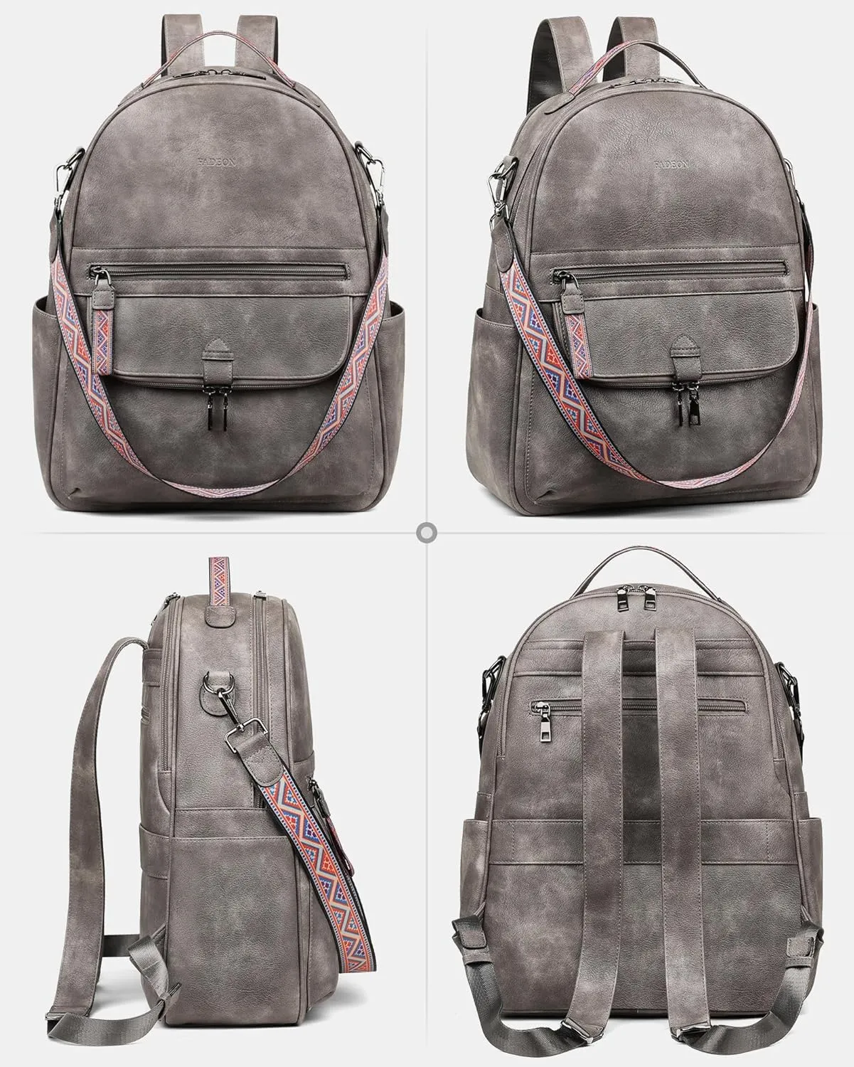 FADEON Leather Laptop Backpack Purse for Women, Designer Travel PU Backpack with Laptop Compartment for Work Grey