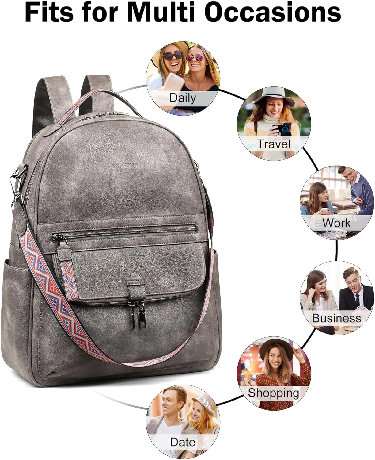 FADEON Leather Laptop Backpack Purse for Women, Designer Travel PU Backpack with Laptop Compartment for Work Grey
