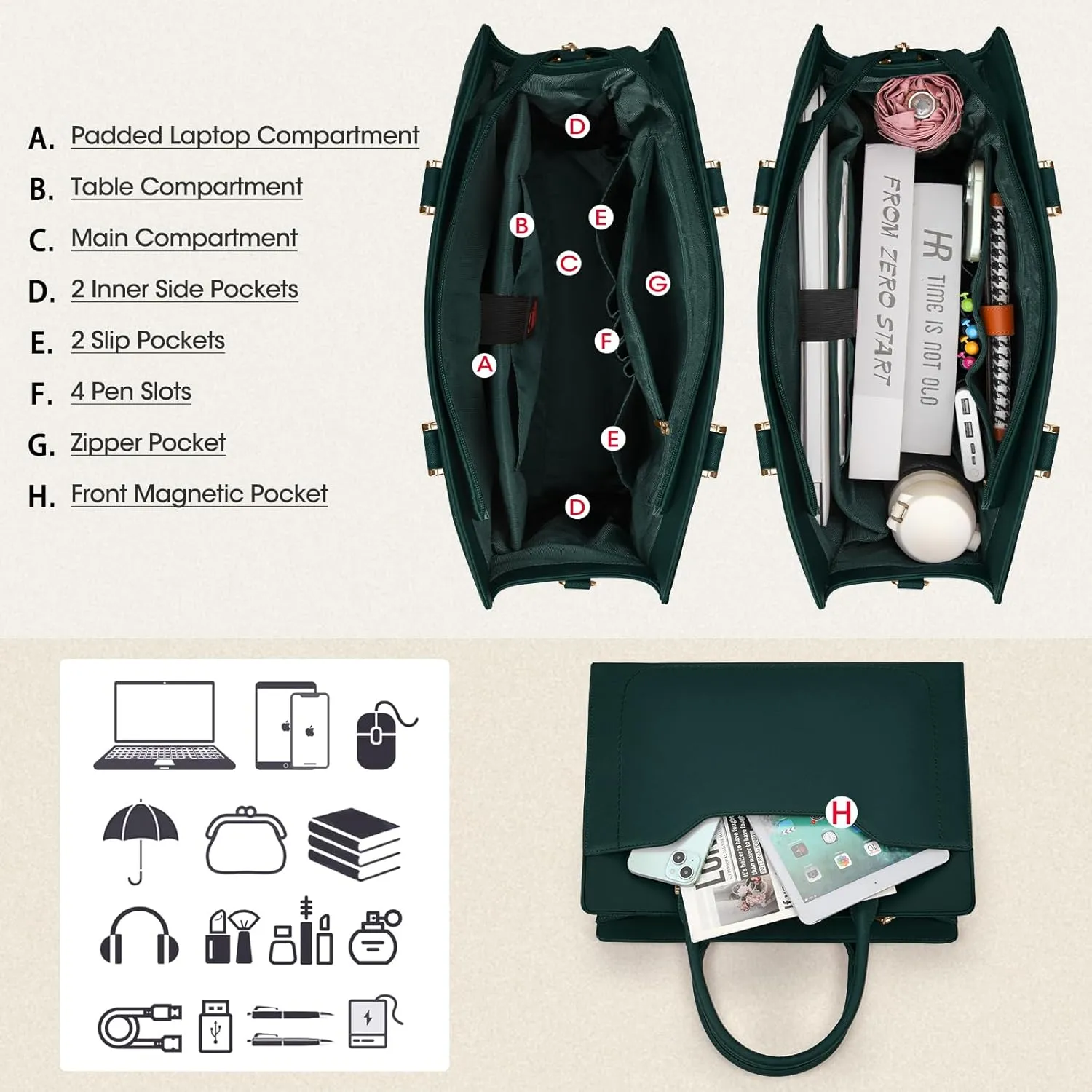 Laptop Bag for Women 15.6 inch Laptop Tote Bag Waterproof Leather Work Bags Large Capacity Computer Bag with Clutch Purse for Work College Teacher Travel, Green