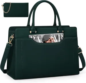 Laptop Bag for Women 15.6 inch Laptop Tote Bag Waterproof Leather Work Bags Large Capacity Computer Bag with Clutch Purse for Work College Teacher Travel, Green