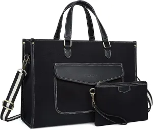 Missnine Tote Bag Canvas Laptop Bag for Women 15.6 inch Casual Work Bags with Clutch Purse Computer 2 PCS Set for Travel, Office, College