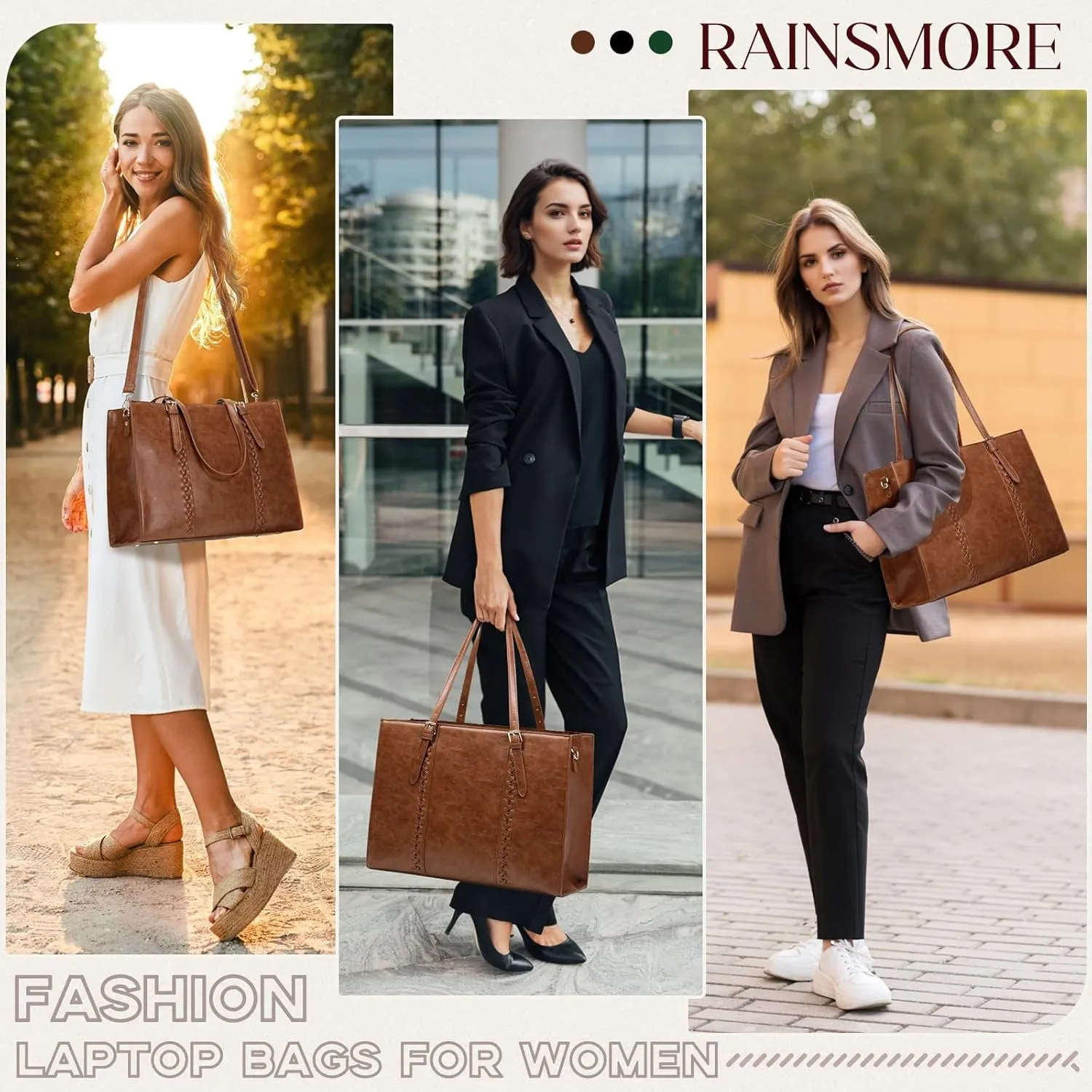 RAINSMORE Laptop Bag for Women, 15.6 inch Laptop Tote Bag PU Leather Computer Work Bag Lightweight Shoulder Handbags, Brown