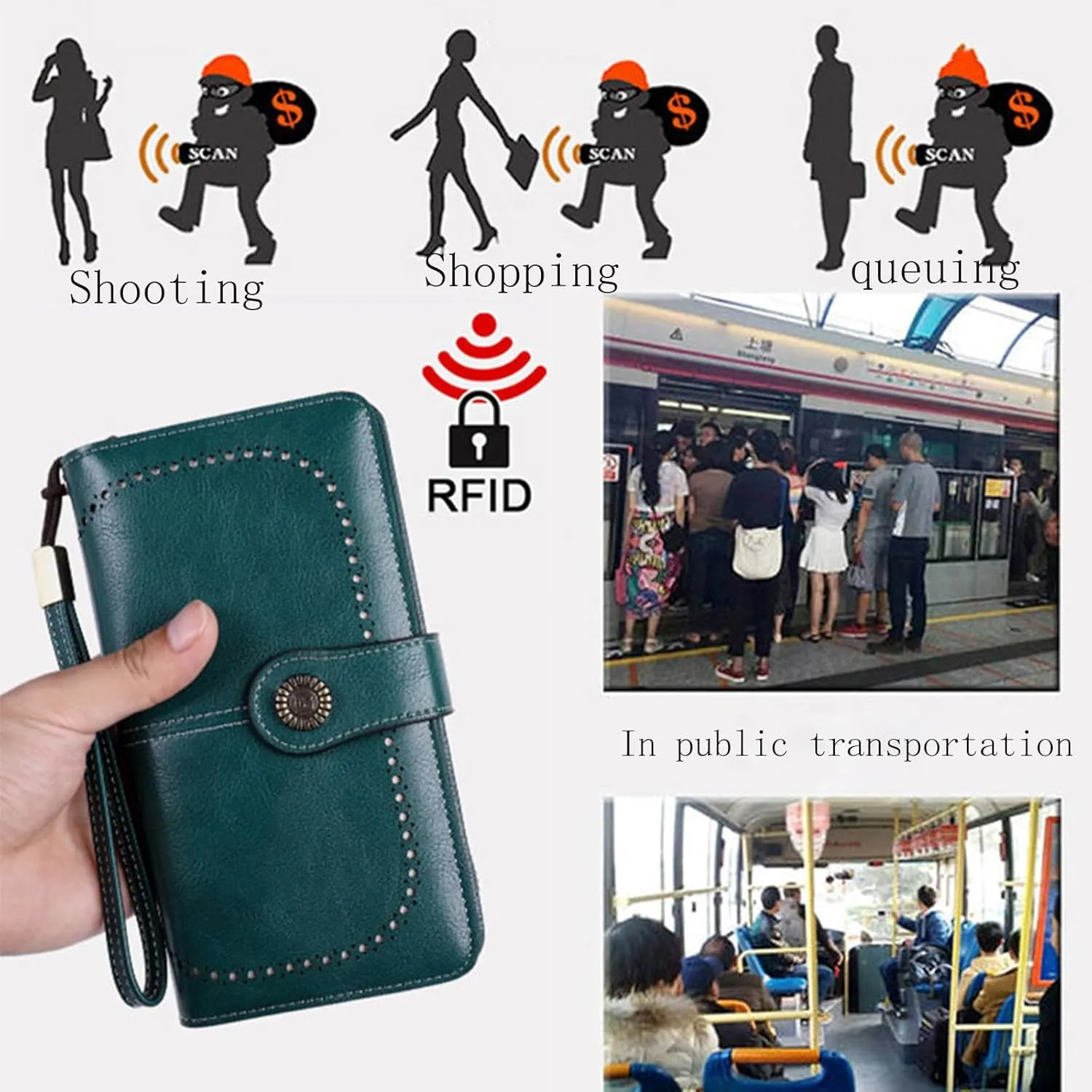 Rfid Wallet Women, Leather Wallet Wristlet, Bifold Rfid Blocking Zip Around Large Capacity Credit Card Holder Clutch Purses