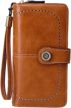 Rfid Wallet Women, Leather Wallet Wristlet, Bifold Rfid Blocking Zip Around Large Capacity Credit Card Holder Clutch Purses