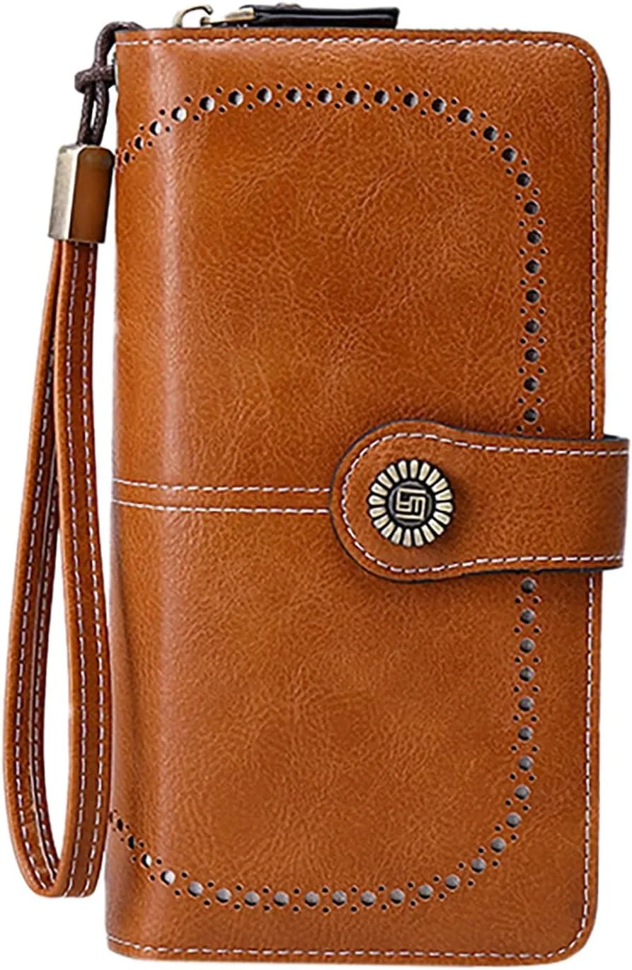 Rfid Wallet Women, Leather Wallet Wristlet, Bifold Rfid Blocking Zip Around Large Capacity Credit Card Holder Clutch Purses