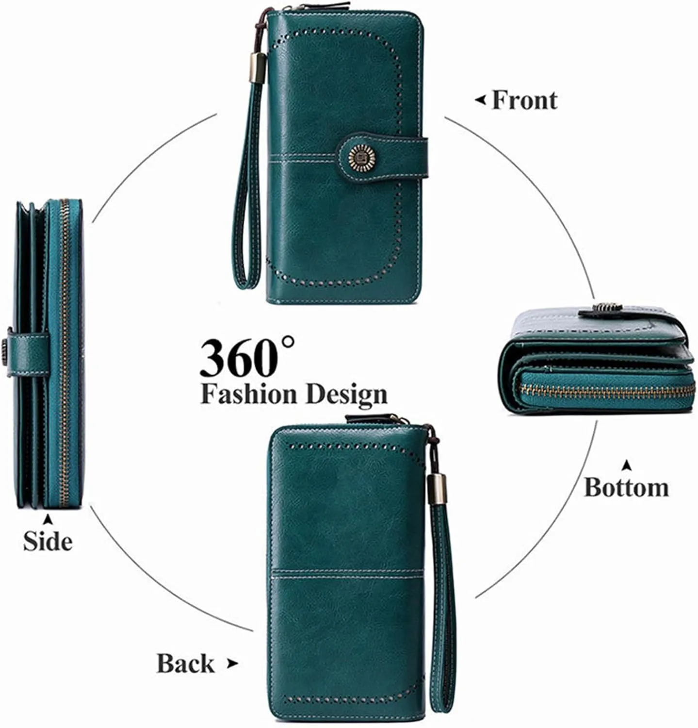 Rfid Wallet Women, Leather Wallet Wristlet, Bifold Rfid Blocking Zip Around Large Capacity Credit Card Holder Clutch Purses