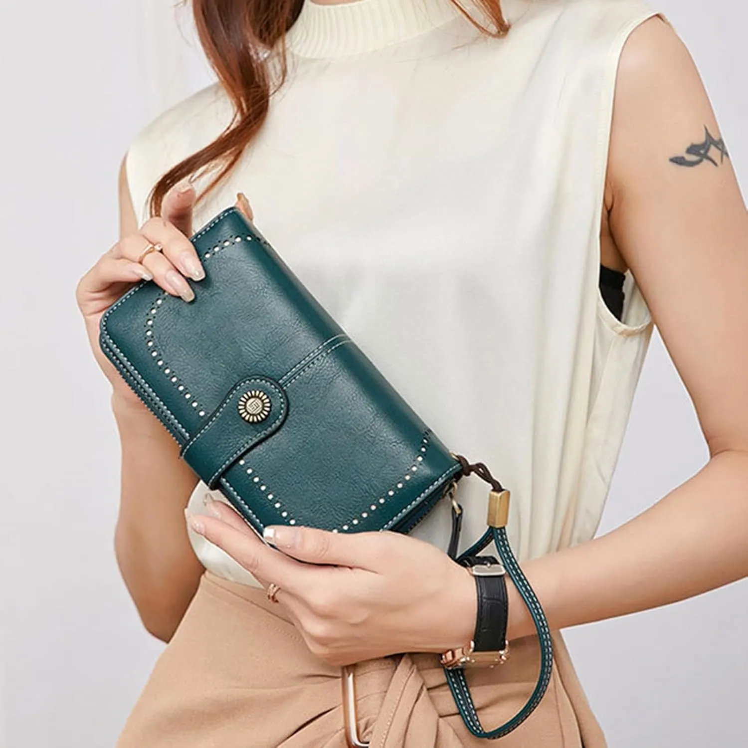 Rfid Wallet Women, Leather Wallet Wristlet, Bifold Rfid Blocking Zip Around Large Capacity Credit Card Holder Clutch Purses