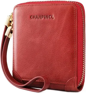 RFID Wallets for women Genuine Leather Zipper Purses Secure Large Capacity Multi-card Wallets Clutch Travel Wristlet (Red)
