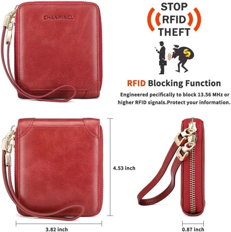 RFID Wallets for women Genuine Leather Zipper Purses Secure Large Capacity Multi-card Wallets Clutch Travel Wristlet (Red)