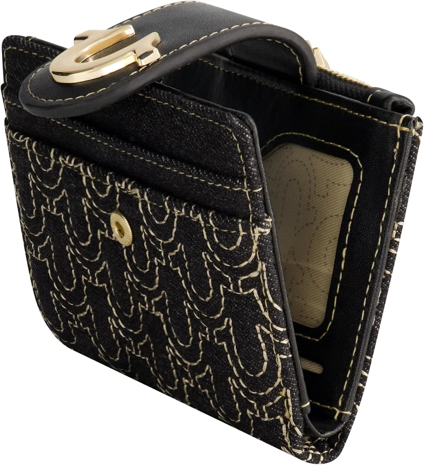 True Religion Women's Mini Wallet, Horseshoe Logo Small Compact Clutch Purse, Black, One Size, Black